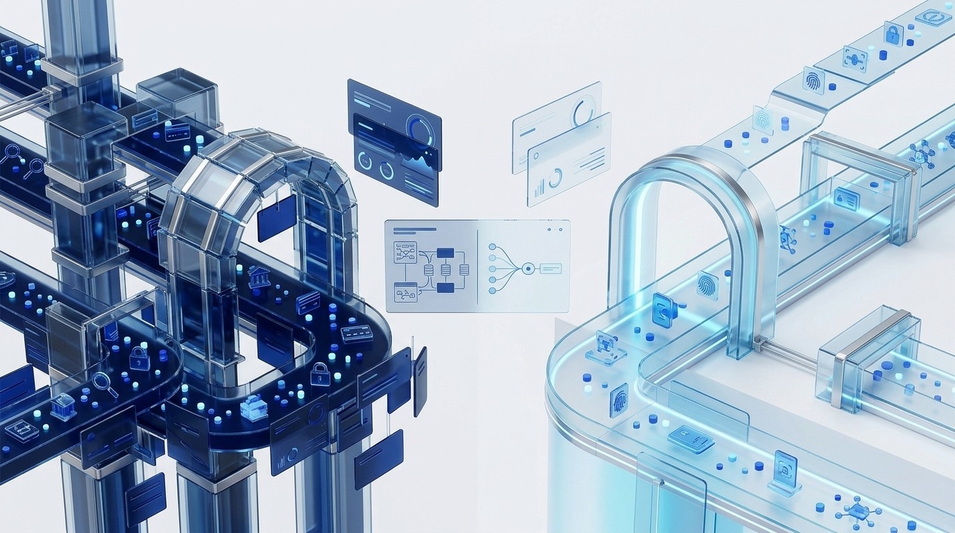 Futuristic blue 3D comparison scene showing heavy legacy fraud systems transitioning into streamlined API-first infrastructure