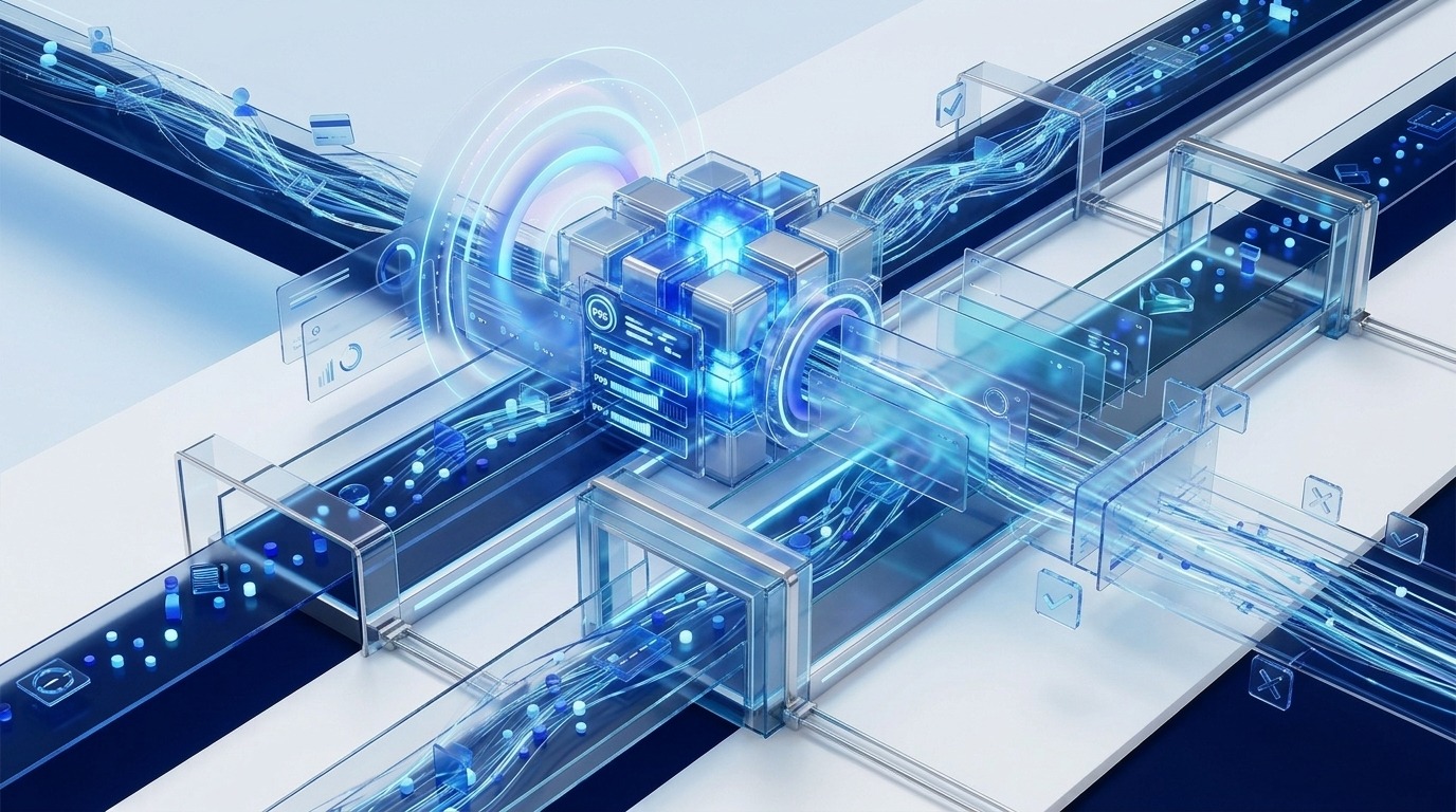 Futuristic blue 3D low-latency fraud scoring scene with timing rings, fast data streams, and a central risk engine