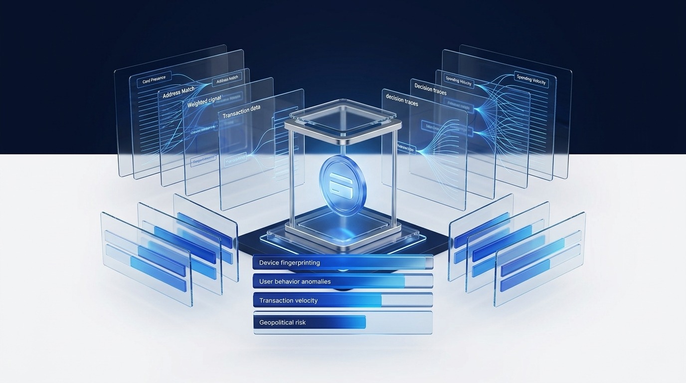 Futuristic blue 3D fraud explainability scene with weighted reason bars and transparent decision panels around a transaction object
